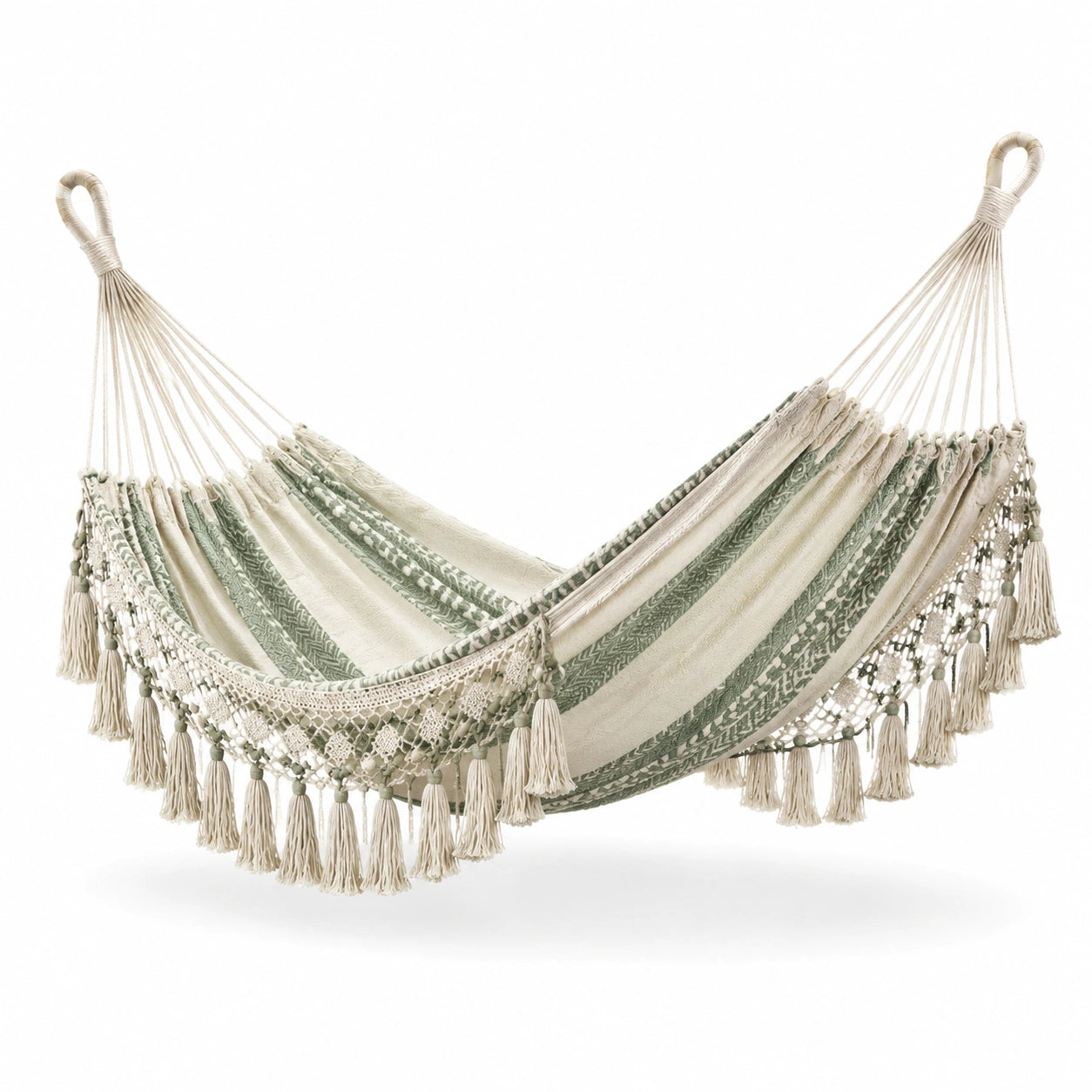Amaca in cotone ecru e verde con frange