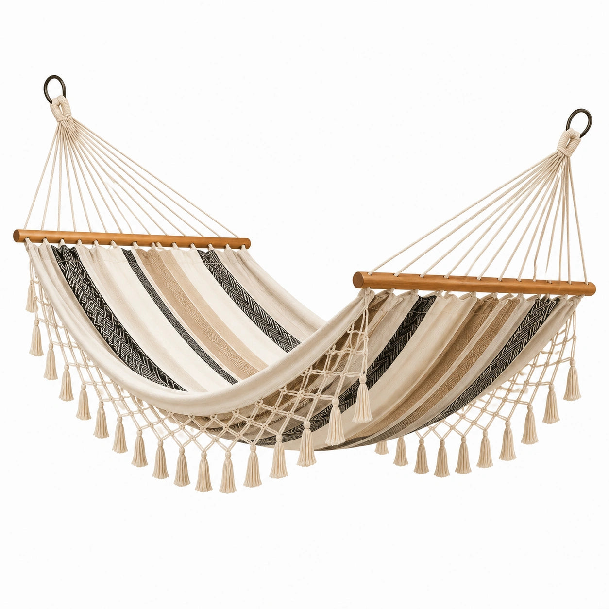 Amaca in cotone con frange beige e nere