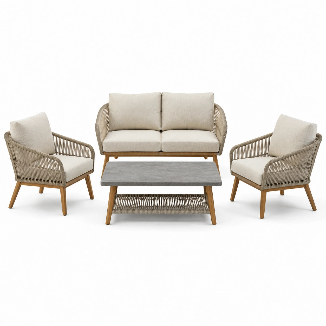 Set salotto da esterno in legno e corda con cuscini beige