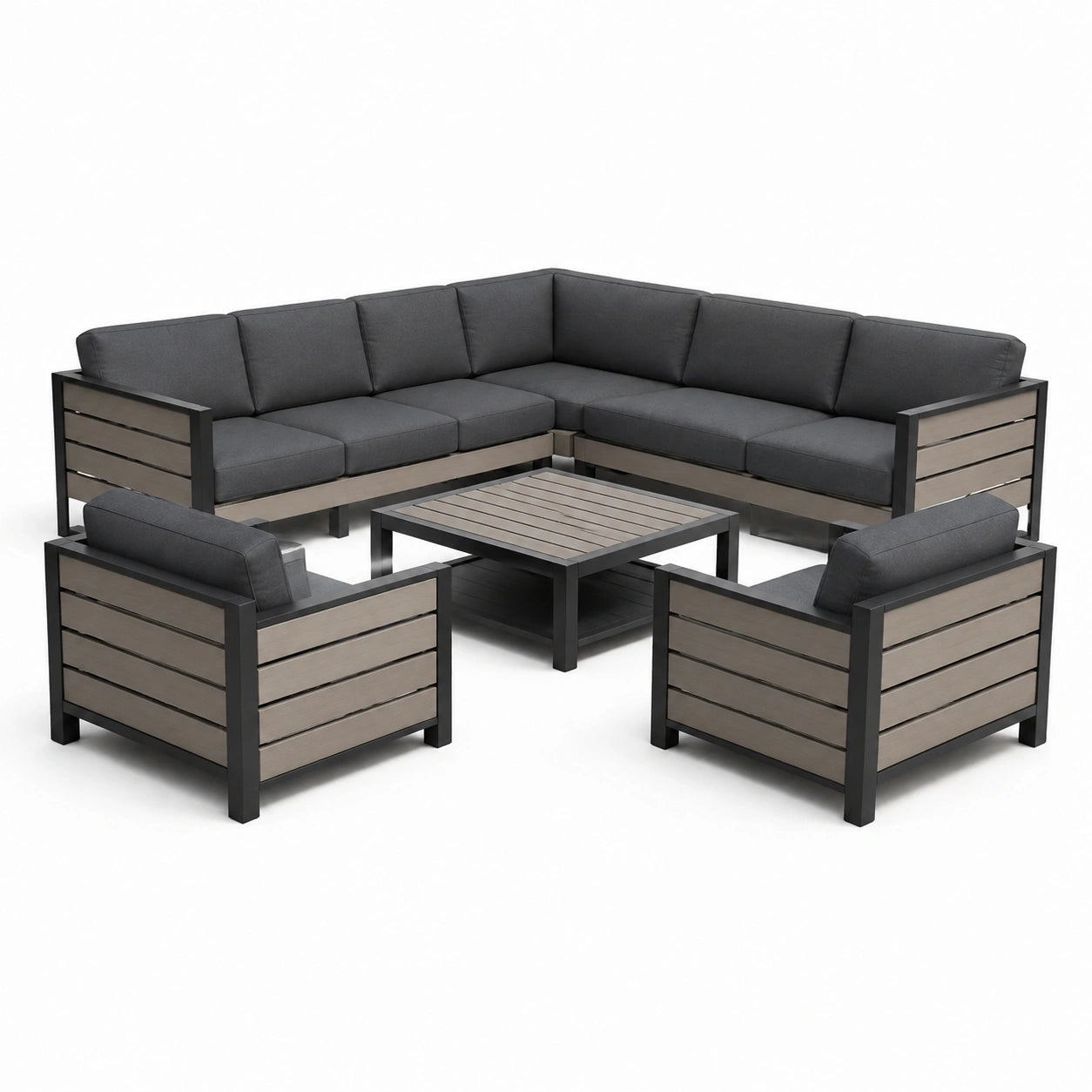 Set salotto da esterno in metallo e tessuto grigio scuro con tavolo quadrato