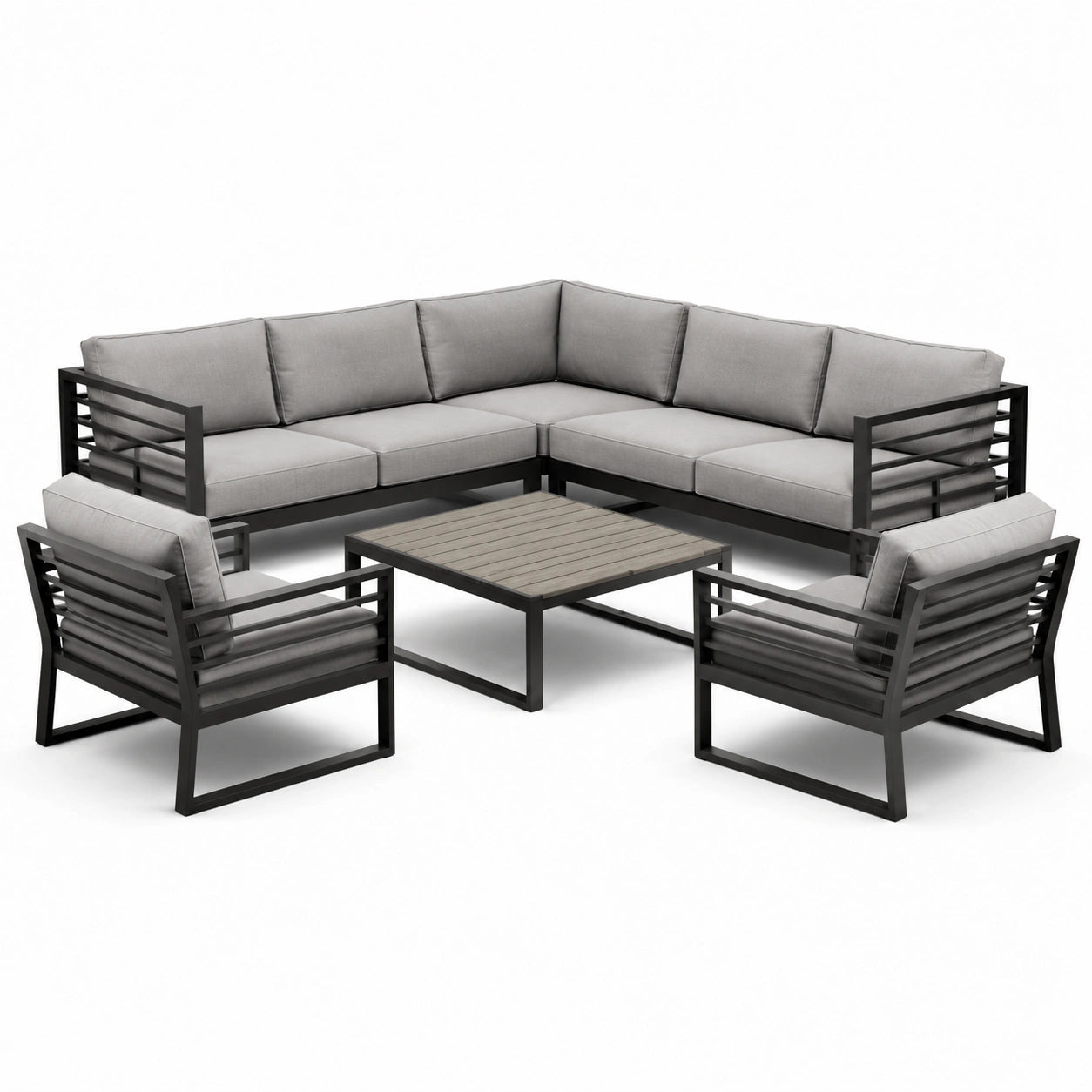 Set salotto da giardino in alluminio con cuscini in tessuto grigio