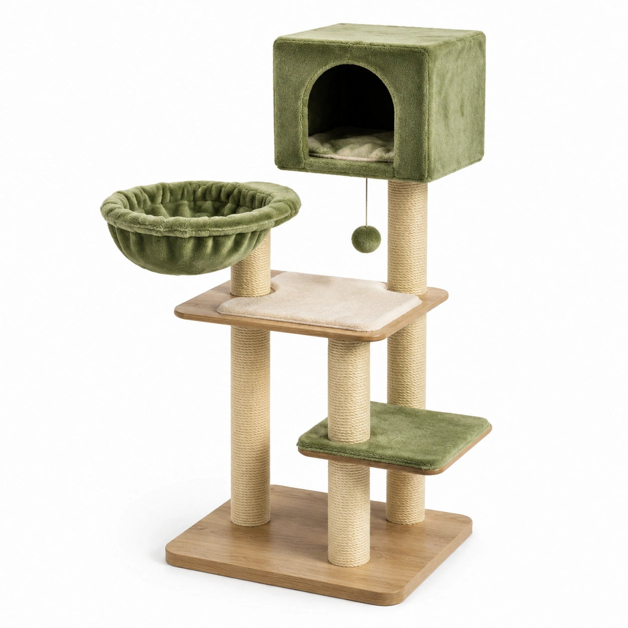 Albero tiragraffi in legno con sisal e peluche verde