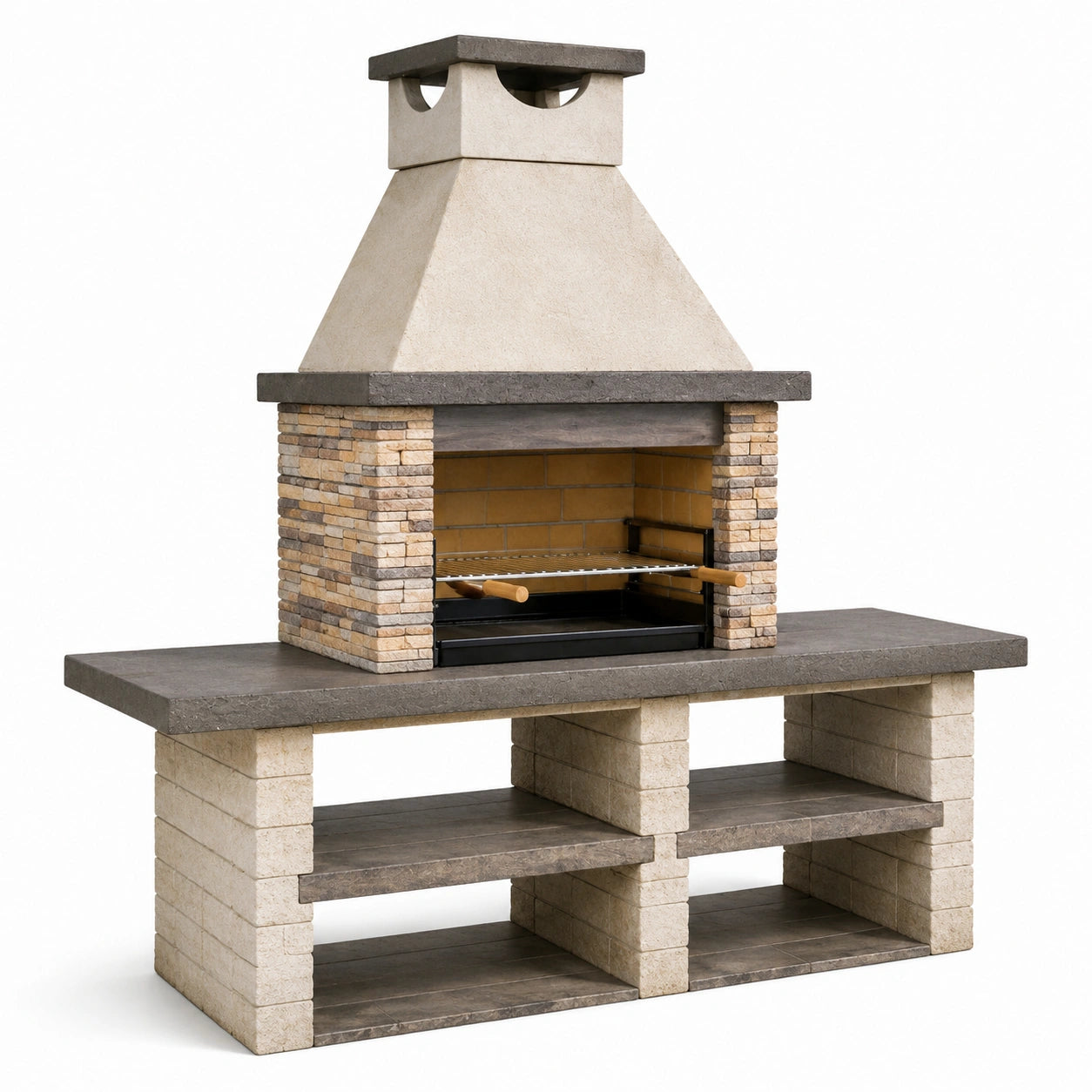Barbecue in pietra con cappa e griglia in metallo, mattoni decorativi, 150 cm x 65 cm x 200 cm