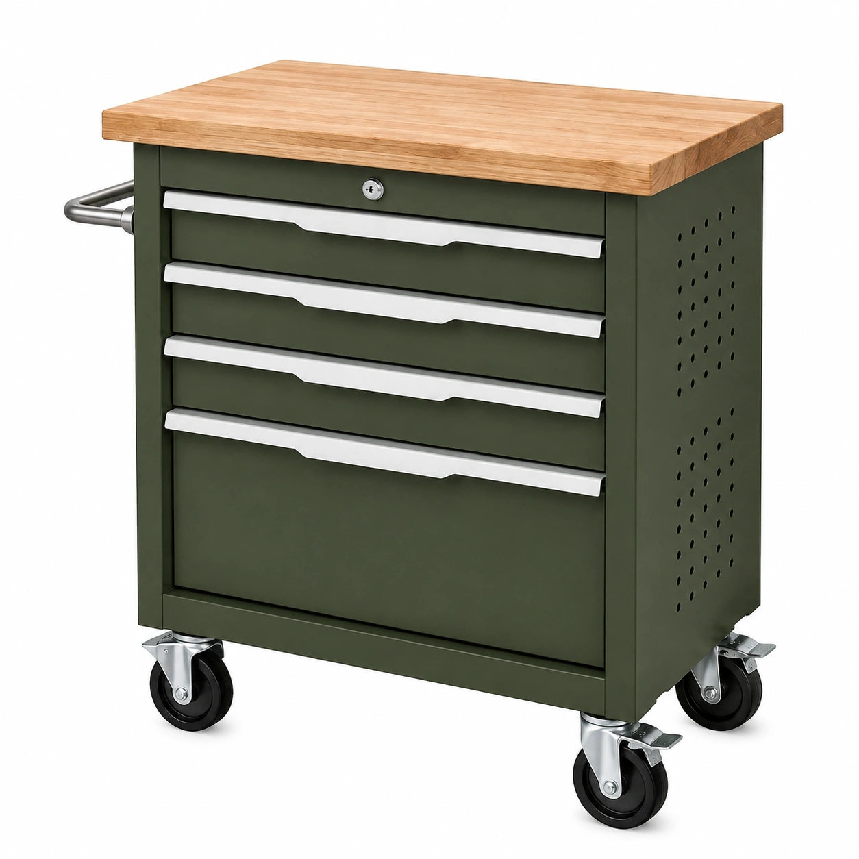 Carrello portautensili in metallo con piano in rovere e 4 cassetti verde