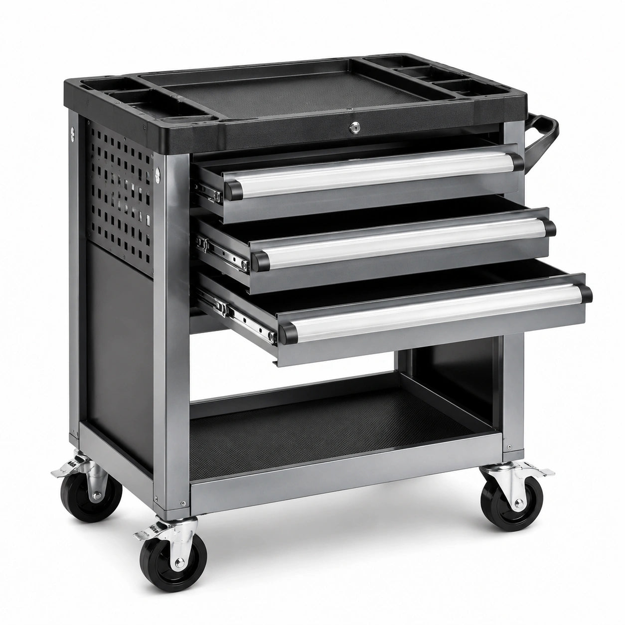 Carrello portautensili in metallo nero con rotelle