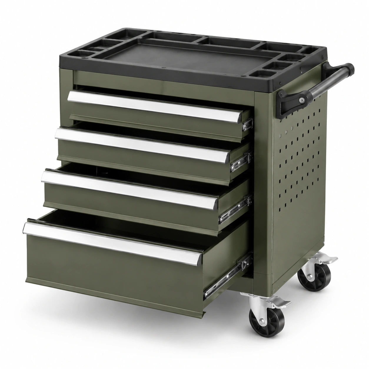 Carrello portautensili in metallo con 4 cassetti e ruote verde oliva