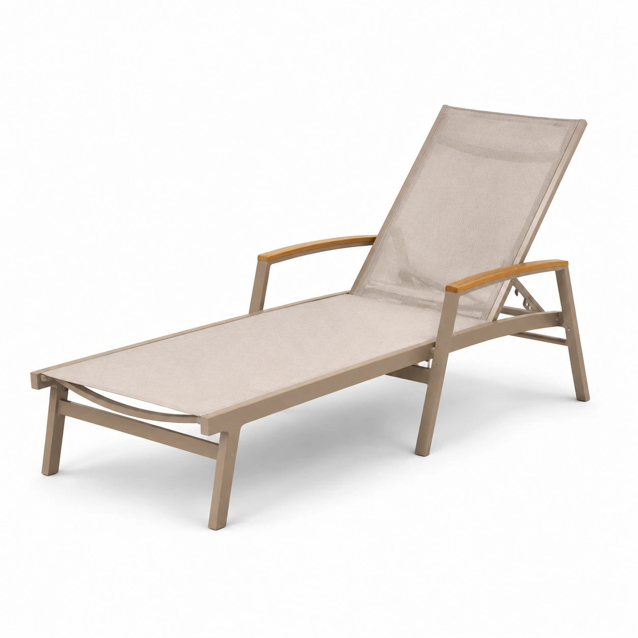 Lettino prendisole in alluminio con braccioli in legno e tessuto beige