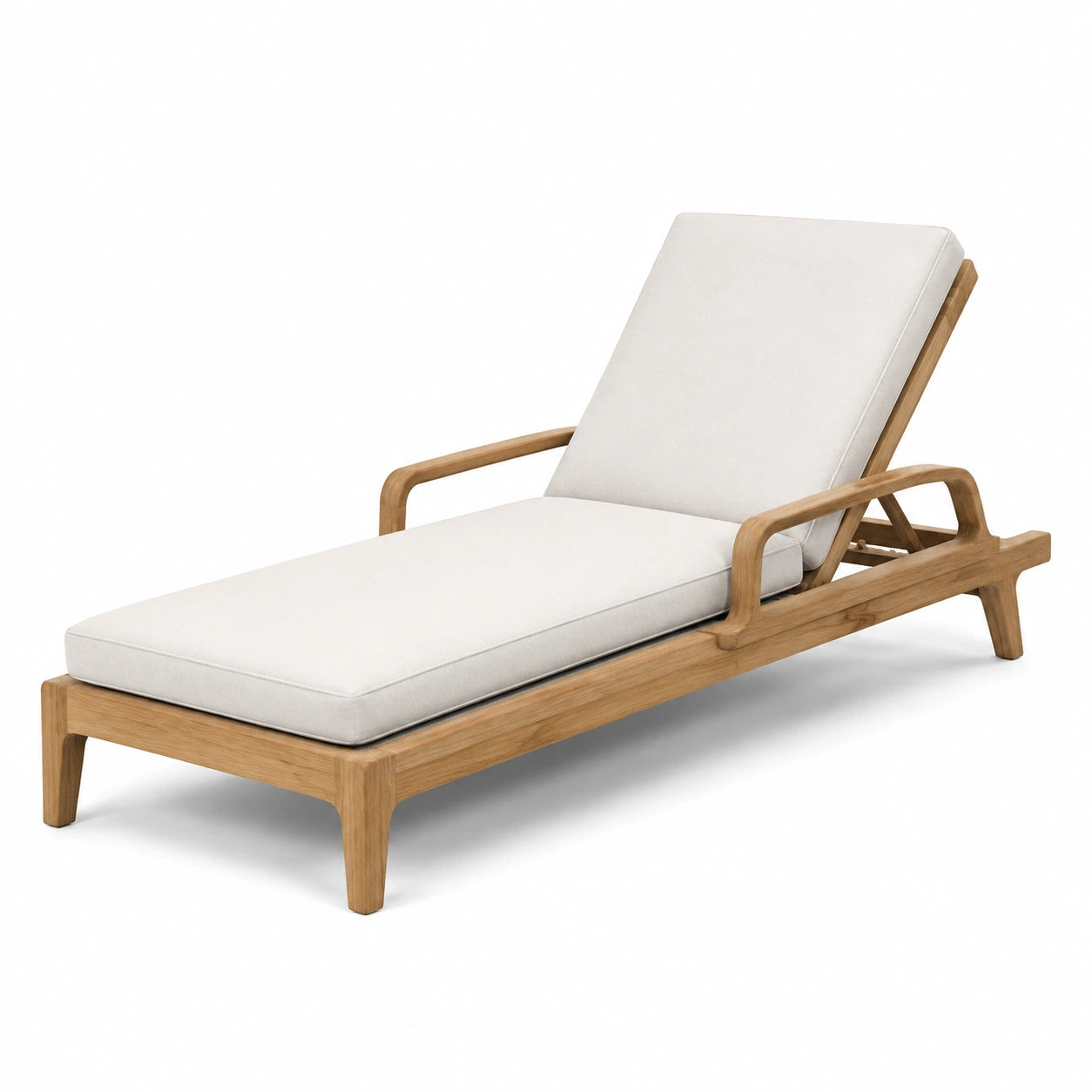 Chaise longue in teak con schienale regolabile e cuscino beige