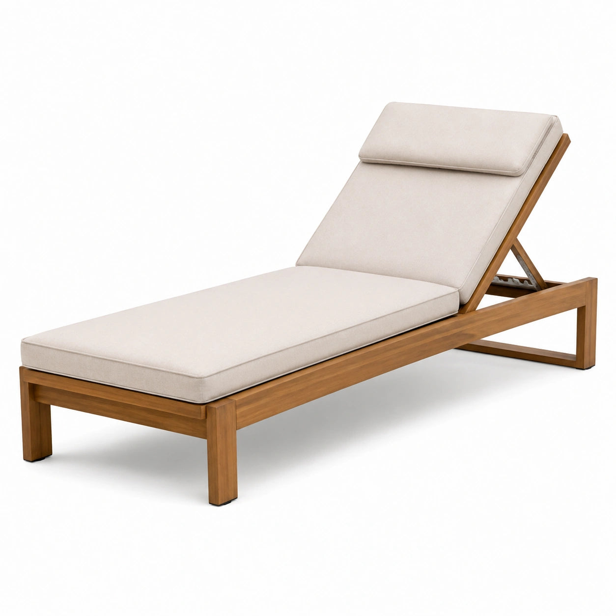 Lettino da esterno in legno teak con cuscino beige
