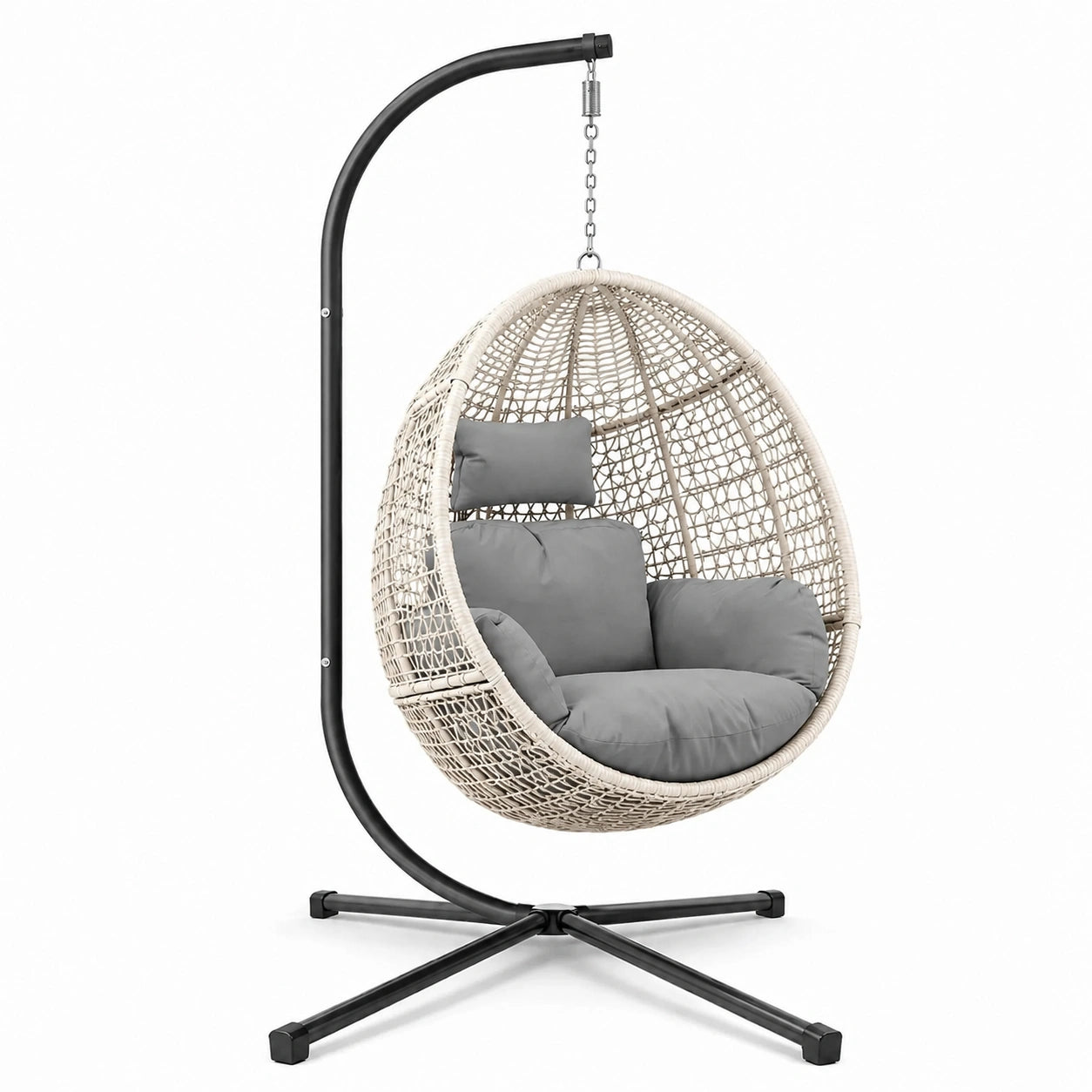 Sedia sospesa in rattan sintetico con struttura in metallo e cuscini grigi