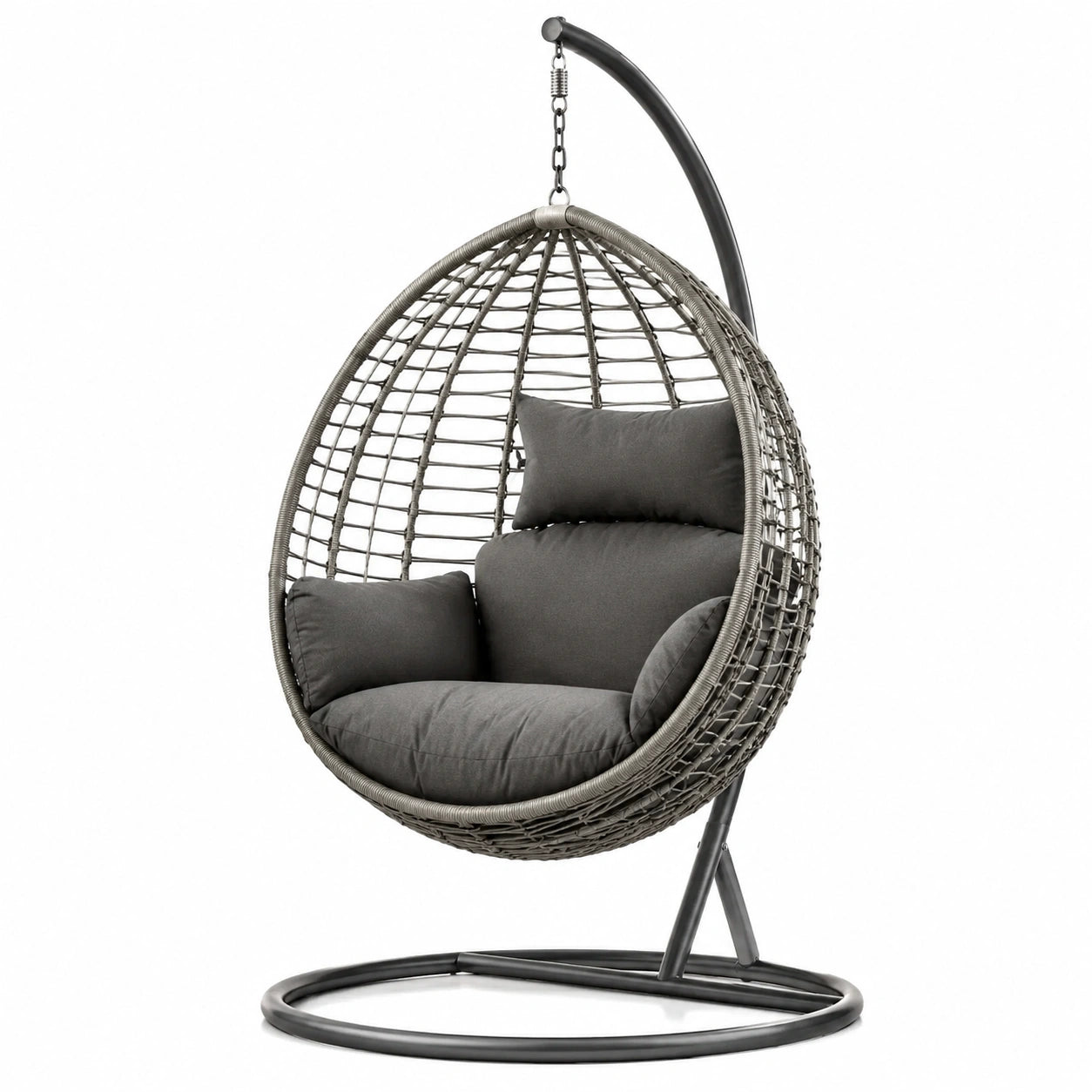 Sedia sospesa in rattan sintetico con cuscini in poliestere e struttura in acciaio