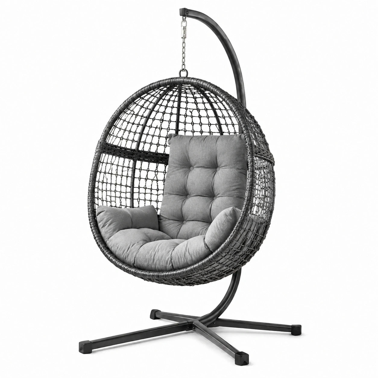 Poltrona Sospesa in Rattan Sintetico e Acciaio Nero con Cuscino Grigio