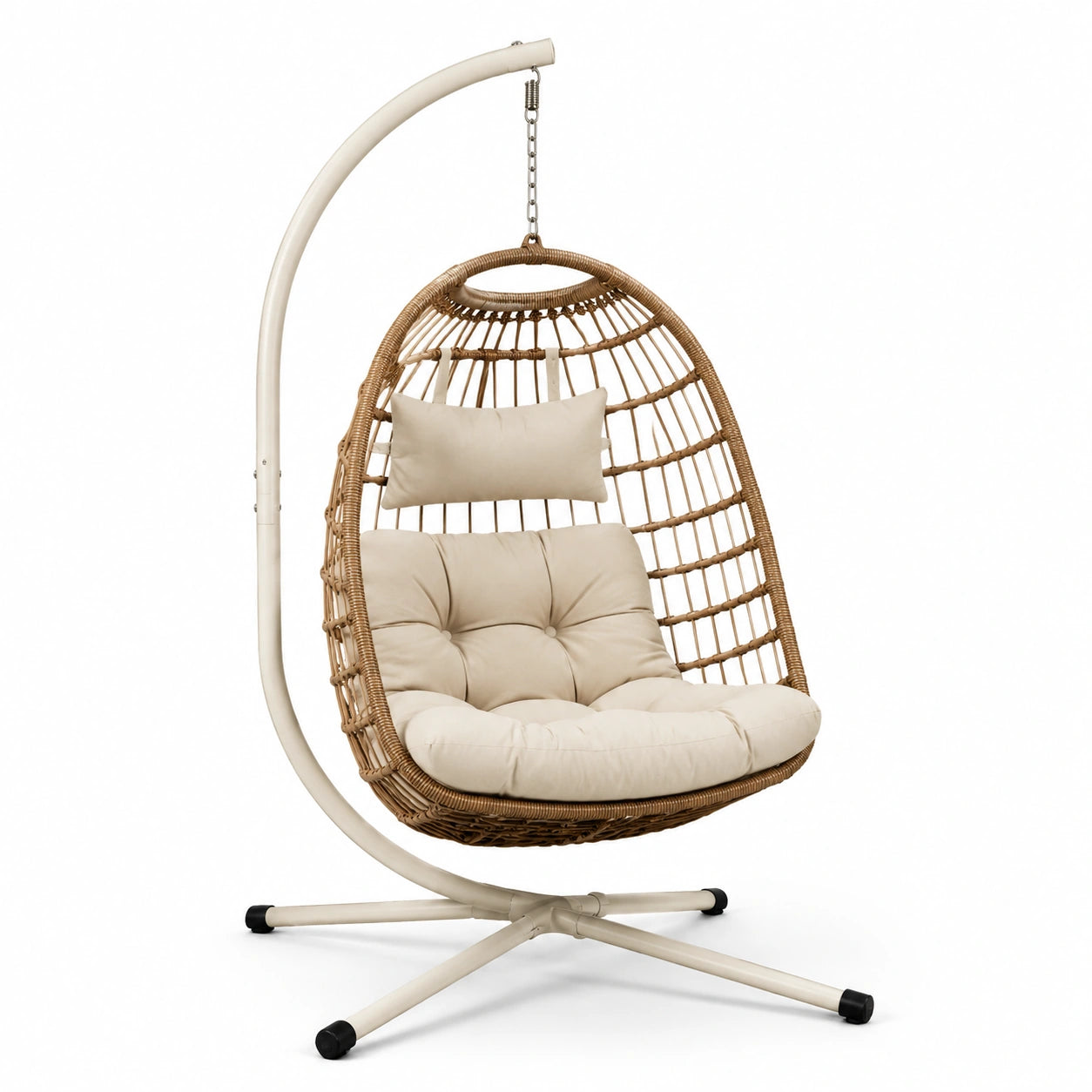 Sedia a dondolo sospesa in rattan sintetico con cuscino beige