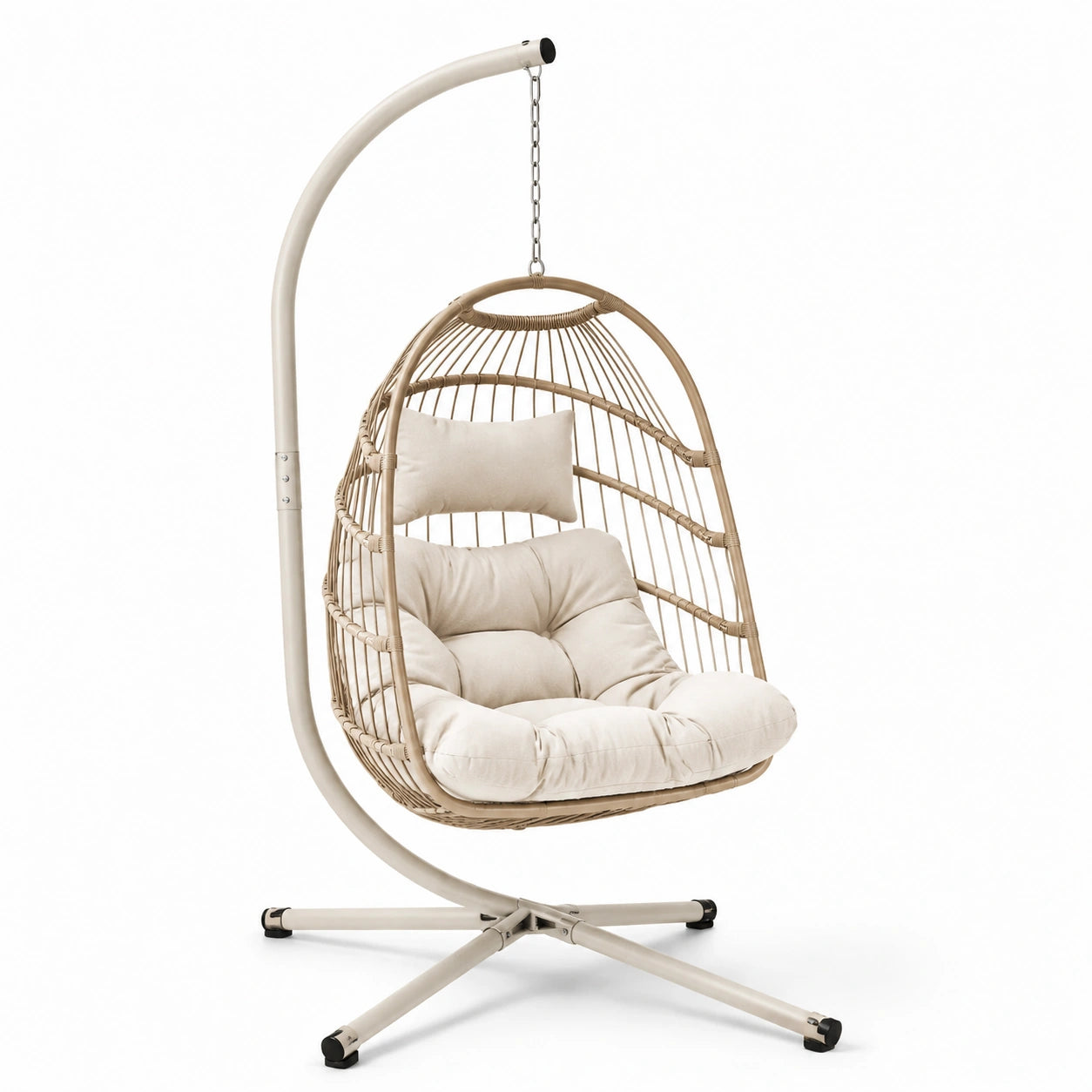 Sedia sospesa in rattan sintetico con cuscino in poliestere e struttura in acciaio