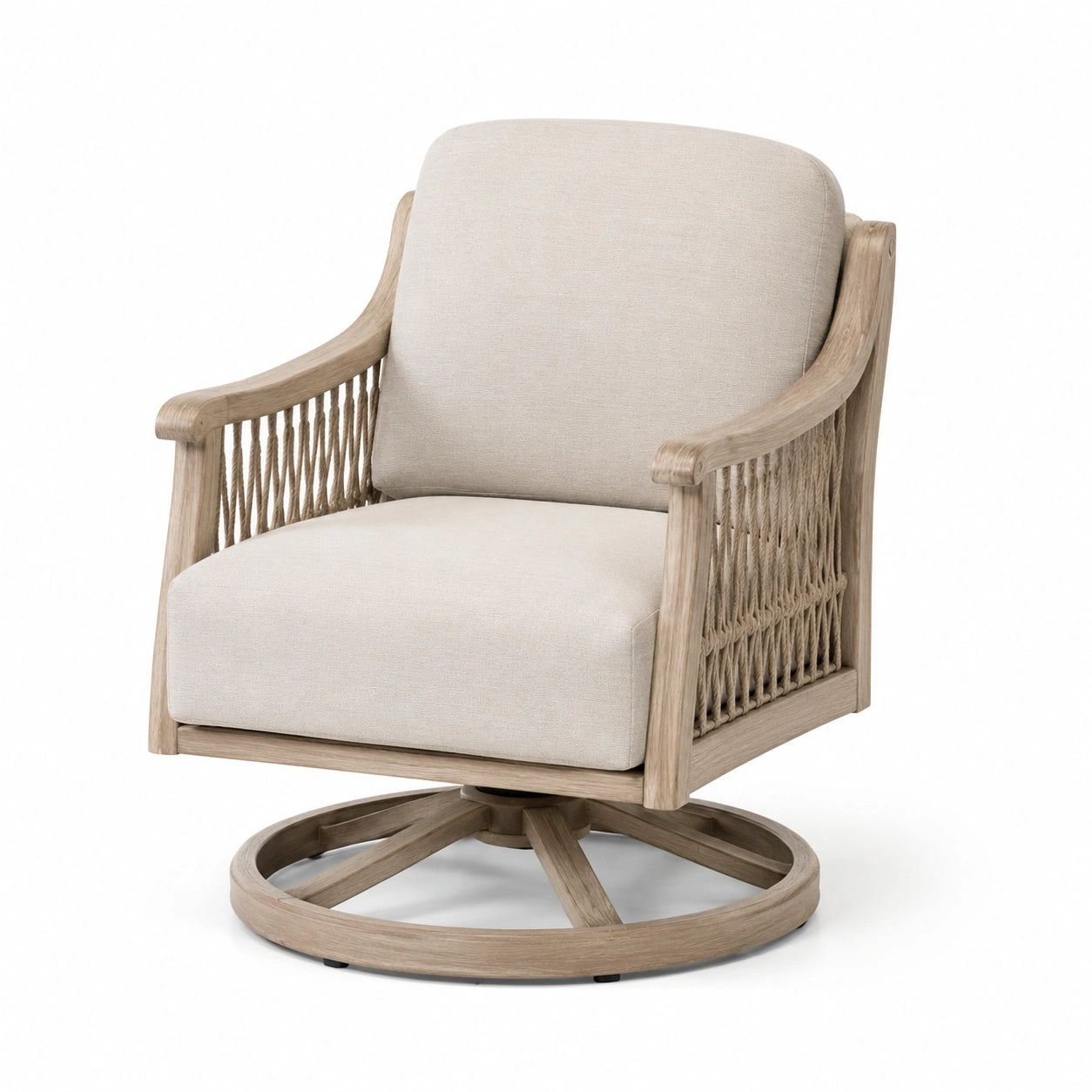Poltrona girevole in legno e tessuto beige con dettagli in corda