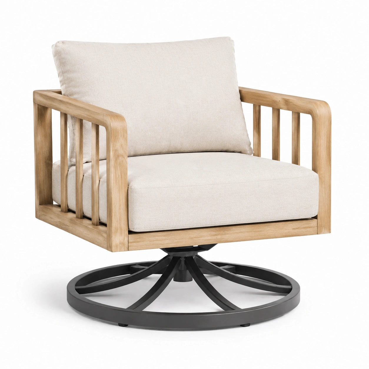 Poltrona girevole in legno di teak e tessuto di lino beige con base in acciaio nero