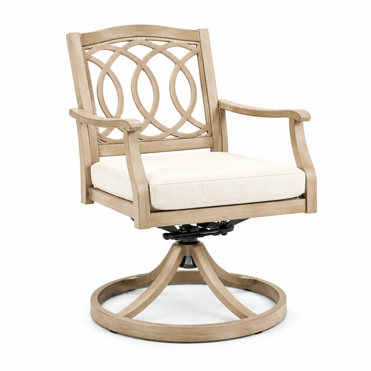 Sedia girevole in legno con cuscino in poliestere beige