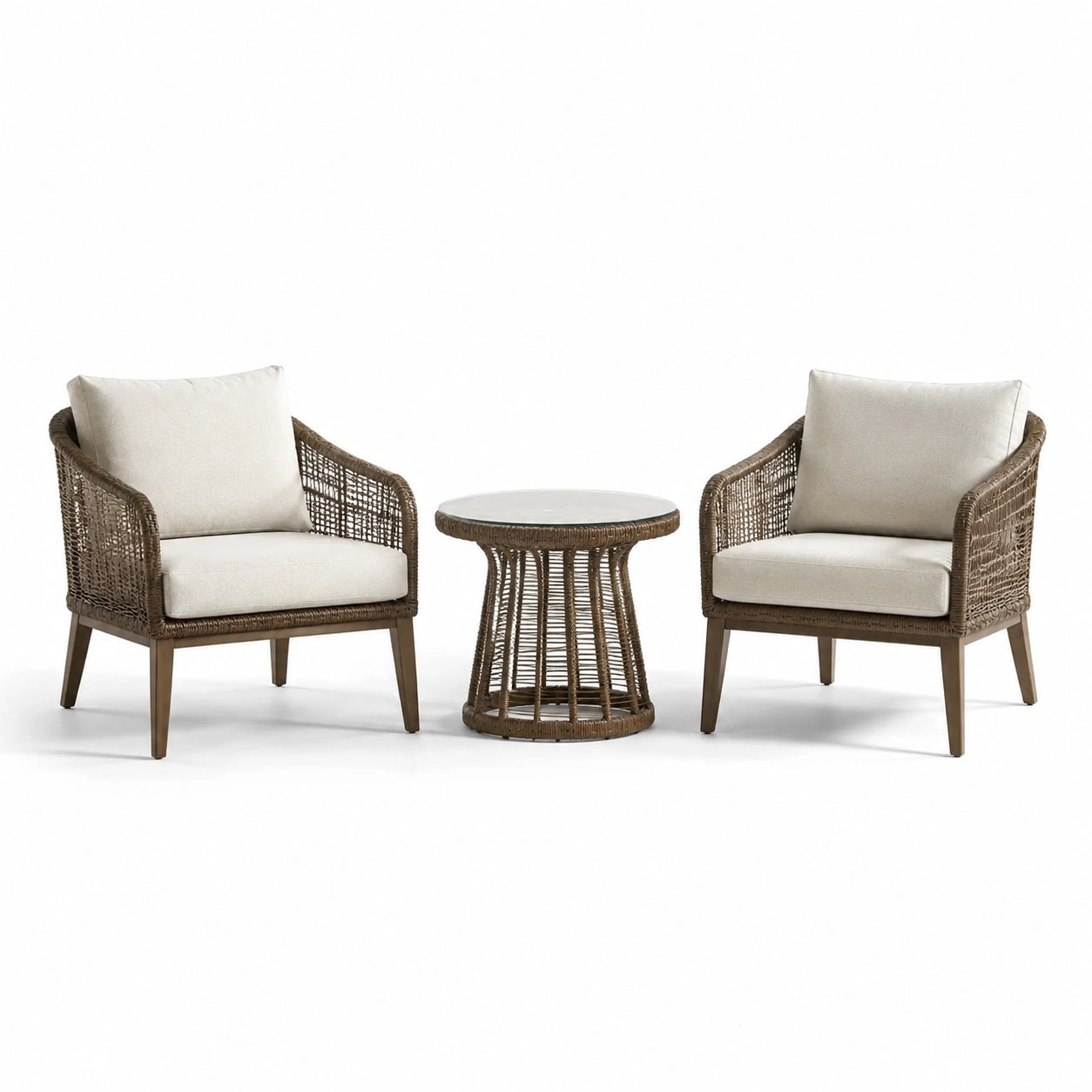 Set di mobili da giardino in rattan con 2 poltrone e tavolino rotondo