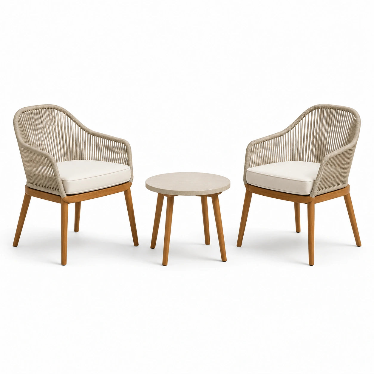 Set bistrot da giardino con 2 sedie e tavolo rotondo in corda e legno