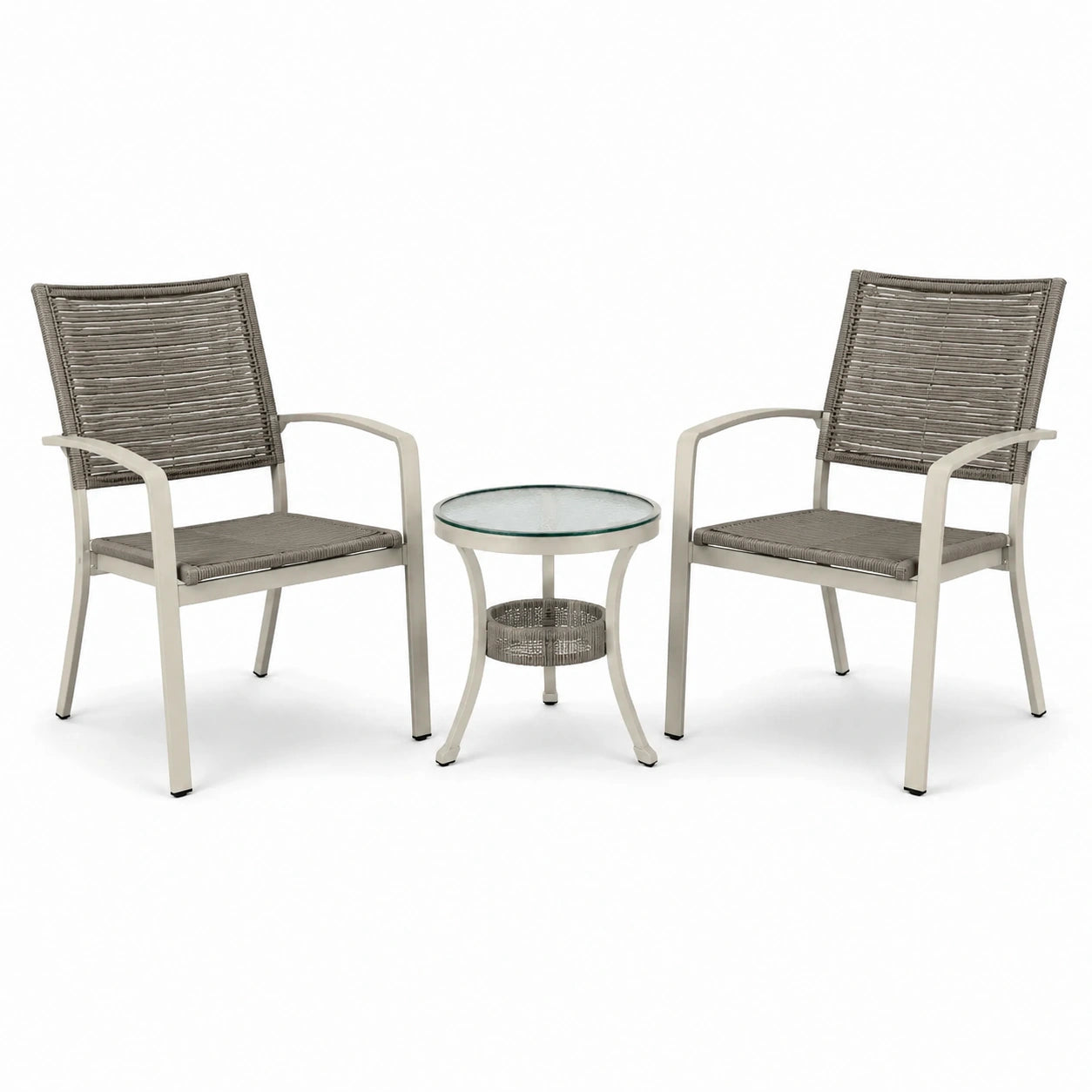 Set giardino in alluminio con tavolo in vetro e sedie in rattan sintetico grigio