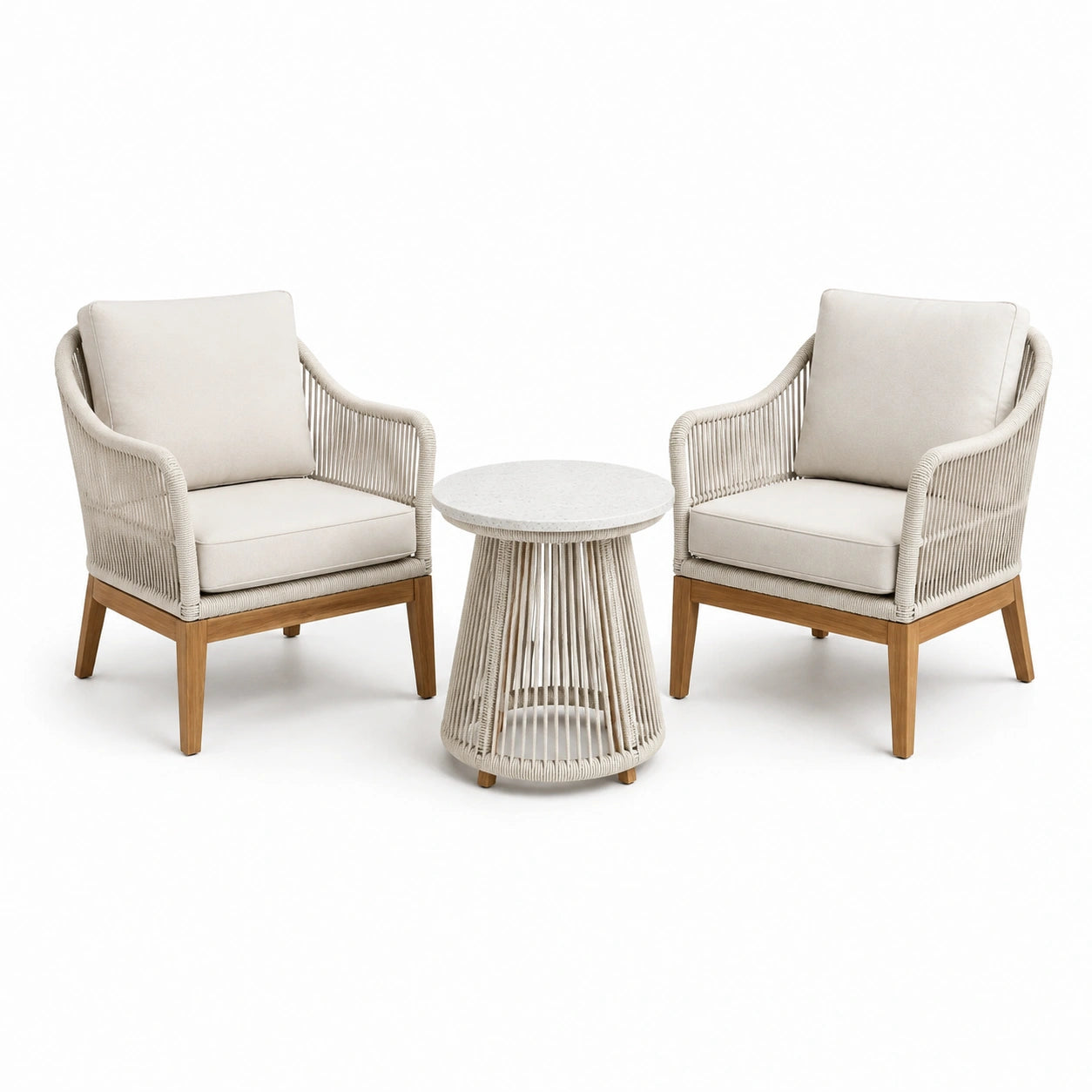 Set da giardino in legno e rattan con due poltrone e tavolino rotondo